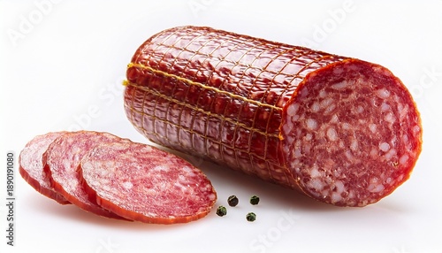 Isolated Polish Salami Sausage With Meat And Fat On The Cut Appetizing Product For Lunch