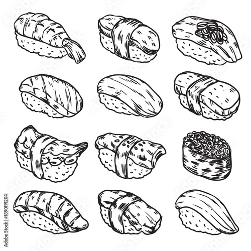  Different kind of hand drawn Sushi outline drawing illustration