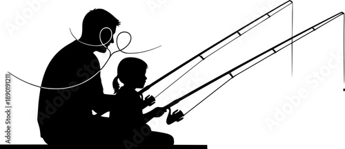 Father and Child Fishing Silhouette Vector, Minimalist Dad and Son Connection for Father's Day Greeting Cards and Summer Lifestyle Graphic Illustration