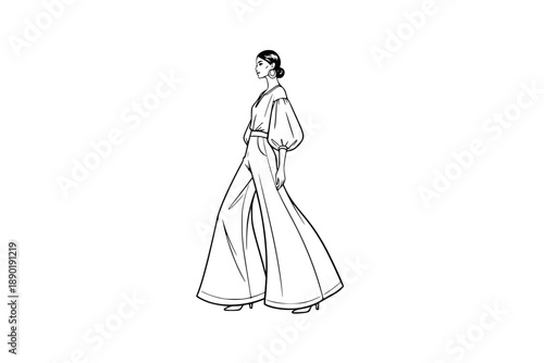 Boho Artisanal Fashion Woman Silhouette Vector, Folk Style Wide Sleeve Blouse and Gaucho Pants Graphic for Summer Apparel and Lifestyle Design