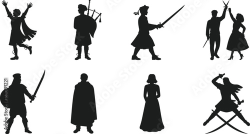 Scottish heritage silhouettes set featuring highland bagpiper sword dancers medieval warriors with shields and traditional celtic figures isolated on white background for historical cultural design