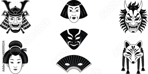 Traditional Japanese masks set featuring samurai helmet kabuki theatre faces kitsune fox and oni demon icons isolated on white background for oriental cultural design