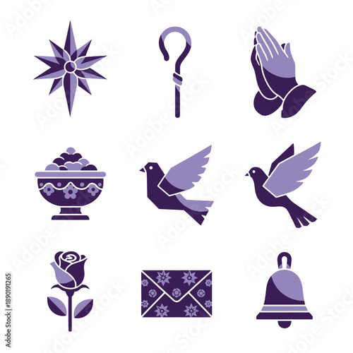 Eight traditional religious Christmas symbols e.g., Star of Bethlehem, myrrh bowl are rendered as flat duotone graphic illustrations, utilizing bold geometric shapes in deep violet and light lavender
