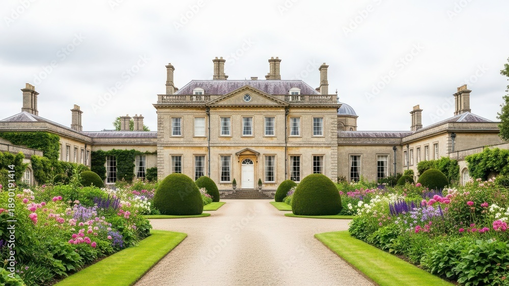 Fototapeta premium Large luxurious english country estate house with beautiful garden and flower beds in bloom