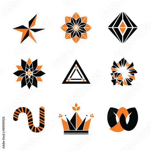 Highly contrasting Black and Vibrant Orange flat graphic graphics present nine abstract geometric festive shapes including a starburst, snowflake, and poinsettia, isolated on a white background