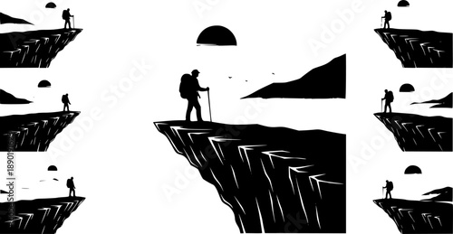 Lone Hiker Silhouette on Mountain Cliff Peak, Adventure and Wellness Travel Vector Illustration, Outdoors Exploration and Freedom Concept Graphic