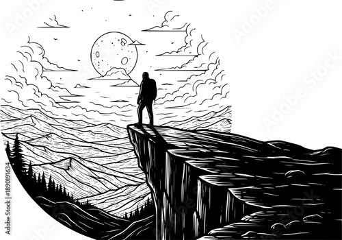 Lone Hiker Silhouette on Mountain Cliff Peak, Adventure and Wellness Travel Vector Illustration, Outdoors Exploration and Freedom Concept Graphic