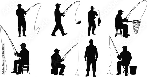 Set of fisherman silhouettes collection featuring men casting fishing rods catching fish and using nets while standing sitting or kneeling in outdoor nature scenes