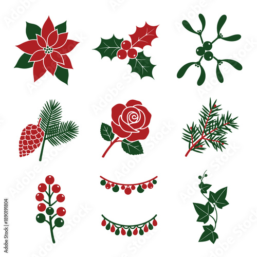 Minimalist duotone graphic set of nine classic winter flora symbols in Deep Red and Forest Green, showcasing Poinsettia, Holly berries, Mistletoe, and Pine branches in a geometric grid style