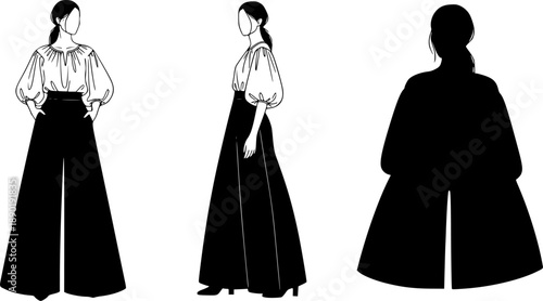 Boho Artisanal Fashion Woman Silhouette Vector, Folk Style Wide Sleeve Blouse and Gaucho Pants Graphic for Summer Apparel and Lifestyle Design