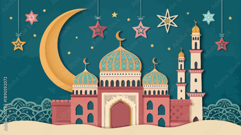 Fototapeta premium Vibrant mosque under starry night sky with crescent moon