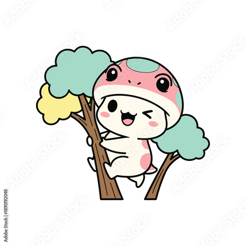 Cute cartoon character with pink cheeks and a striped hat hugging a tree branch with green and yellow leaves