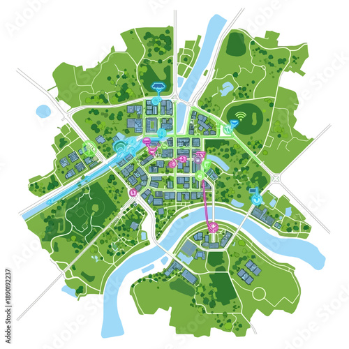 Aerial view of a city map with green parks and blue waterways featuring various buildings and roads