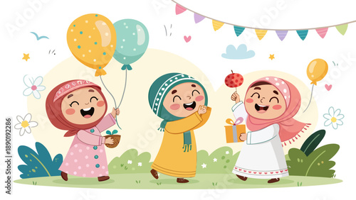Happy Muslim girls celebrating with balloons and gifts outdoors