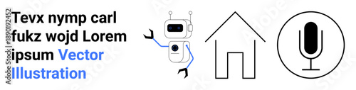 Artificial intelligence, smart home systems, voice recognition, automation, robotics, communication. Simple robot, house and microphone graphic elements. Artificial intelligence and smart home