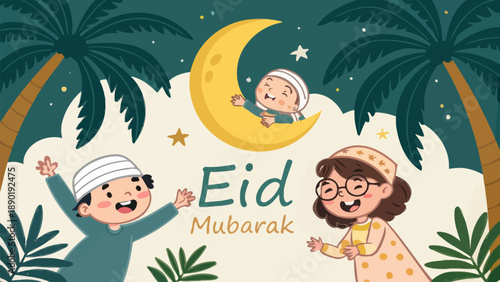 Happy children celebrating Eid Mubarak under a crescent moon