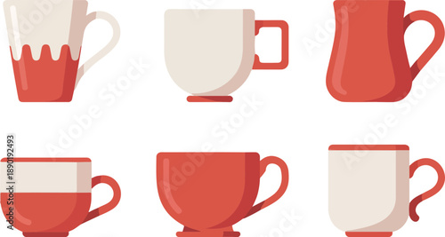 Ceramic Cup Vector Set  Red and White Drinkware Collection