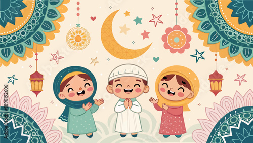 Happy Muslim children celebrating Eid with joyful smiles and hands together