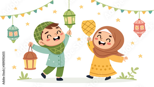 Children celebrating Eid with colorful lanterns and festive decorations