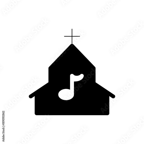 A minimalist vector graphic of a church with a musical note incorporated into its design