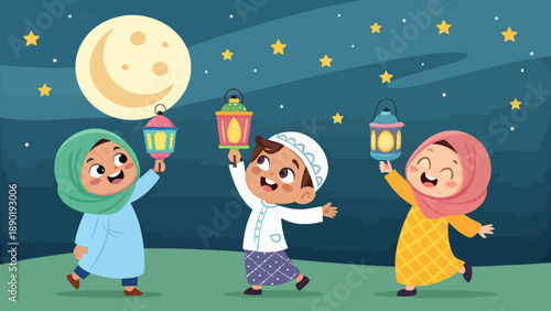 Happy Muslim children celebrating with lanterns under the moonlight