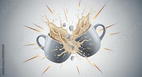 Dynamic collision of coffee mugs creating an energetic splash of creamy beverage
