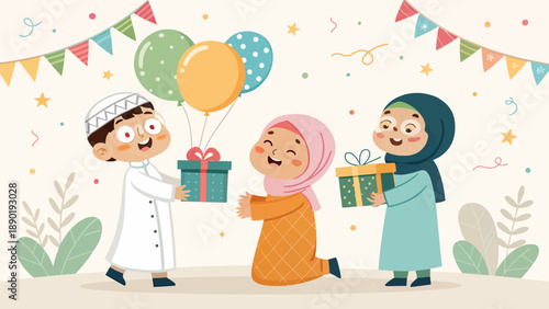 Happy children exchanging gifts on festive occasion with balloons