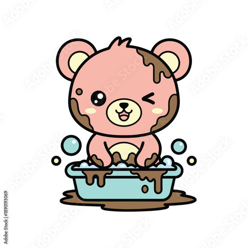 Cute pink bear cub sitting in a blue bathtub with bubbles and brown dirt splashes