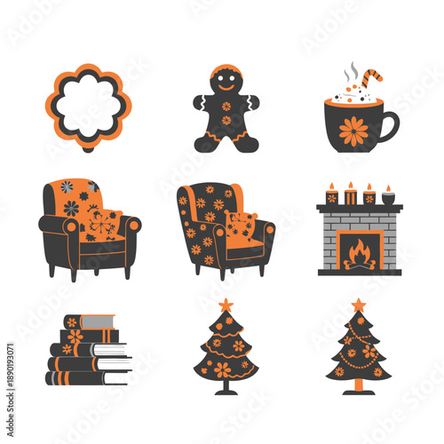 Seven minimalist geometric duotone graphic icons Orange Grey depict cozy indoor holiday winter scenes decorated armchair, lit fireplace, and gingerbread cookie with floral details