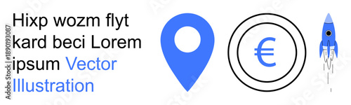 Financial technology, navigation tools, startup growth, map location services, currency exchange, space innovation. Blue location pin, Euro coin and a rocket. Financial technology and navigation