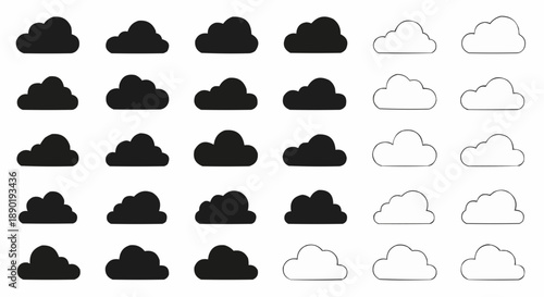 Cloud icons set in black and white for weather forecast design