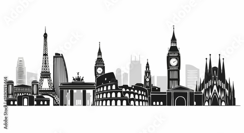 Iconic city skyline silhouettes with famous landmarks in black and white