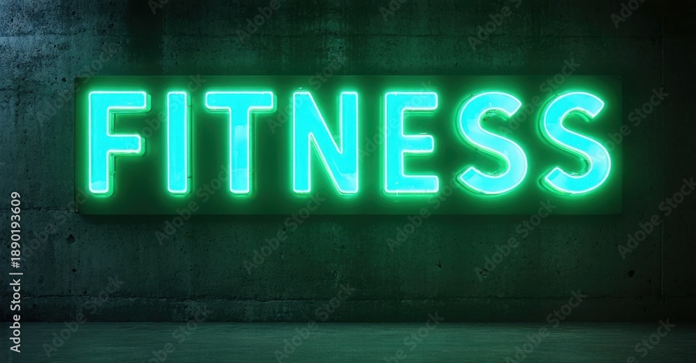 Obraz premium Bright neon sign displays FITNESS against dark concrete wall. Minimalist aesthetic, vibrant green glow dominates scene. Studio lighting.