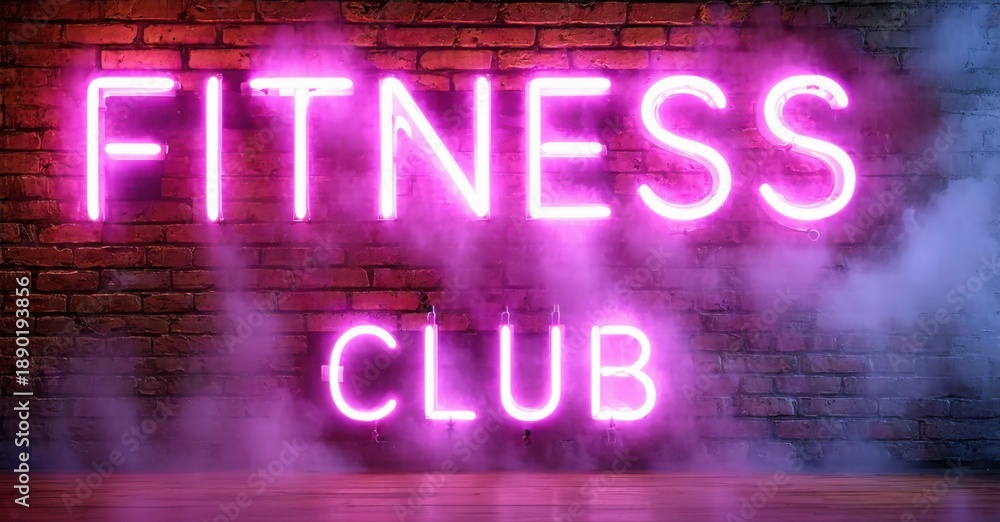 Obraz premium Bright pink neon sign displays Fitness Club against brick wall. Smoke adds dramatic effect, dark background present.