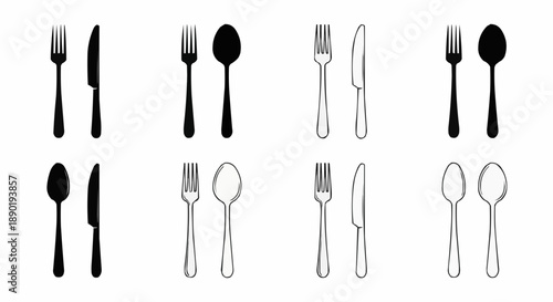 Variety of black and white cutlery icons arranged in rows