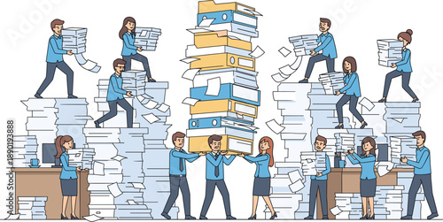 Large Flat Vector Illustration of Busy Office Scene with Multiple Workers Handling Massive Piles of PaperworkLarge Flat Vector Illustration of Busy Office Scene with Multiple Workers Handling Massive 