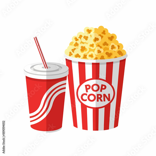 A classic movie snack combo featuring a red and white striped popcorn bucket overflowing with popcorn and a matching soda cup with a straw.