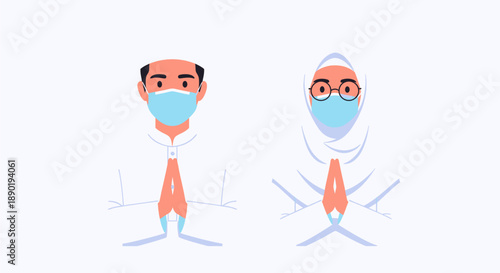 Illustration of a Muslim man and woman wearing face masks and performing a respectful greeting gesture.