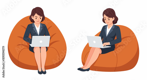 A businesswoman sitting upright on an orange bean bag chair, focused on her laptop.