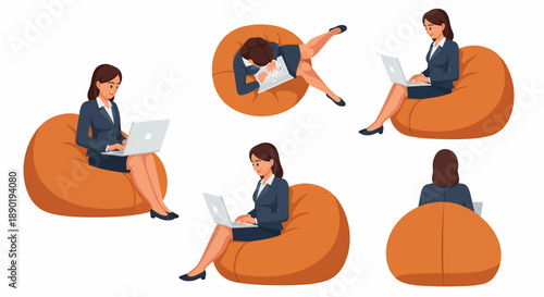 Woman working comfortably on a bean bag chair in multiple poses with a laptop, illustrating flexible work.