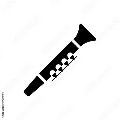 A minimalist black silhouette of a clarinet on a white background