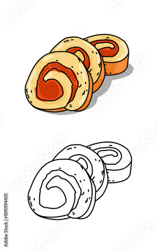Illustration of Cut rolls Sponge cake with sweet pineapple jam inside. Dessert food coloring page