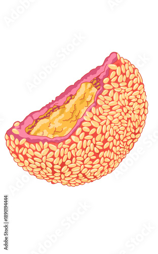 an illustration of pink color bites onde-onde Indonesian food with sesame seeds. Mashed green beans filling Food close up