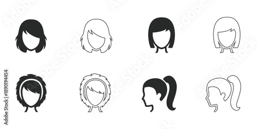 Set of modern black and white line art female head icons in various styles