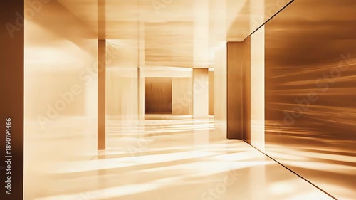 Empty long hallway featuring sleek architectural pillars and a reflective floor, creating a sense of depth, perspective, and dynamic movement with blurred light lines