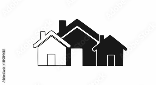 Three houses with different roof styles and chimney