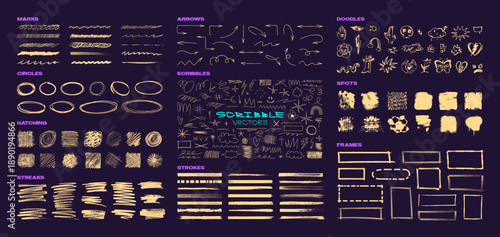 School board style doodles and scribbles in hand-drawn look. Graphic elements: highlights, brush strokes, circles, hatching, frames, spots, arrows. Hand-Drawn Scribble, doodles, elements. Vector set