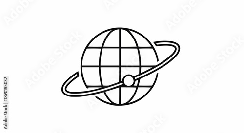 Simple black and white globe icon with ring and grid pattern