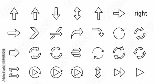 Set of various directional and functional icons including arrows play