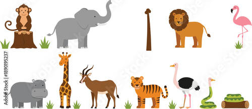 Safari animal vector set. Cute cartoon jungle and savanna animals collection. Lion, elephant, giraffe, tiger, flamingo and more for kids design and education.